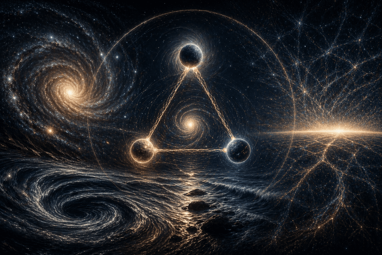 Imagen conceptual que conecta remolinos de agua, galaxias y estructura cósmica para representar la gravedad como memoria de la relación entre escalas.